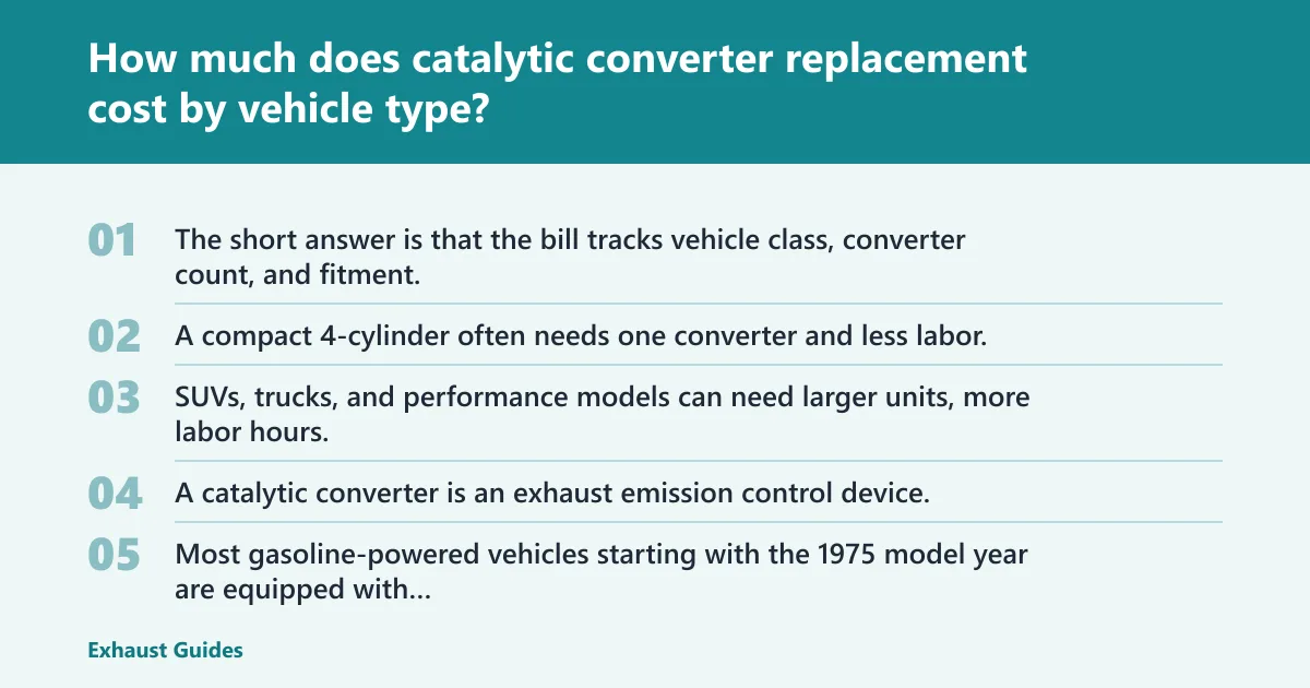 Steps: How much does catalytic converter replacement cost by vehicle type?