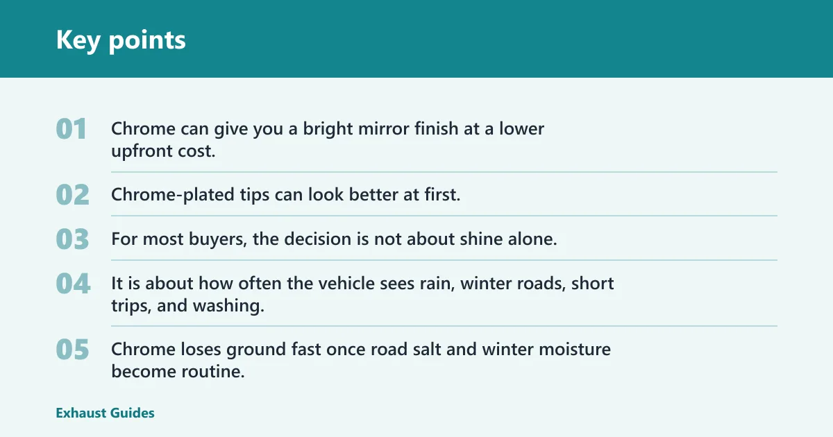 Key points: Chrome exhaust tips vs stainless steel tips: the real trade-off