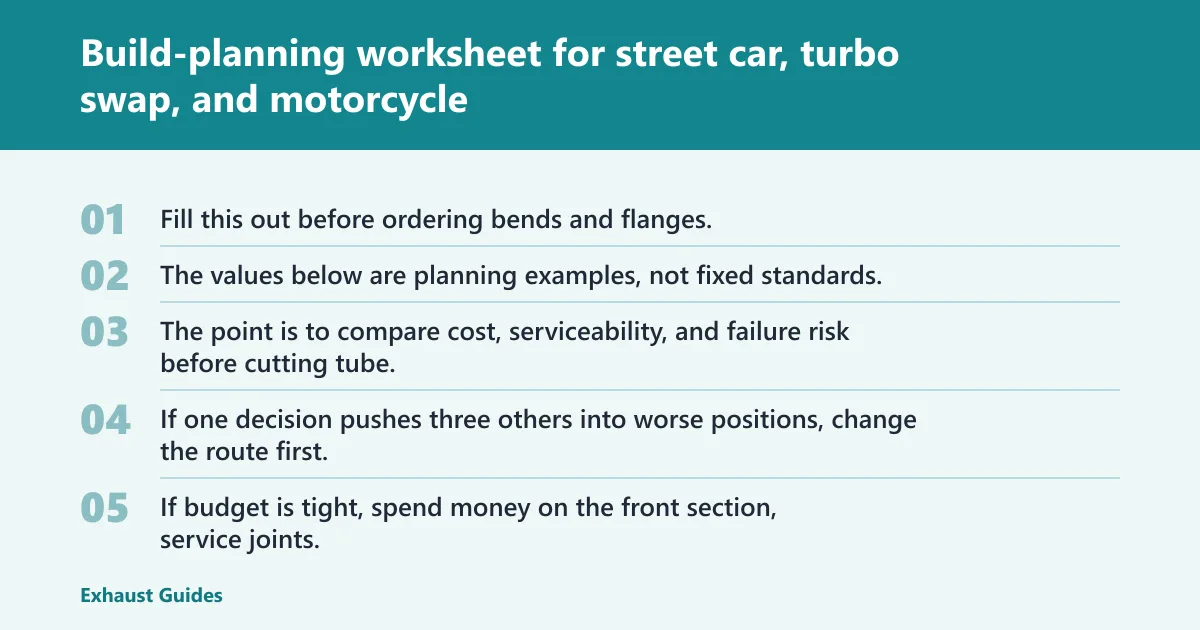 Steps: Build-planning worksheet for street car, turbo swap, and motorcycle
