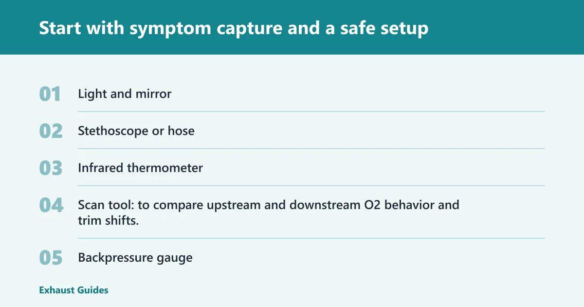 Steps: Start with symptom capture and a safe setup