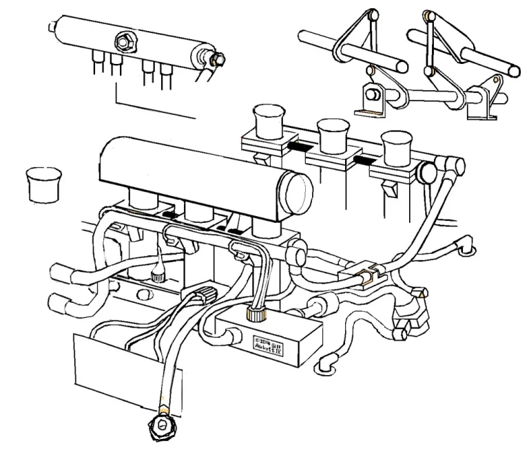 Exhaust manifold, header flange, cylinder head, and gasket laid out for size comparison