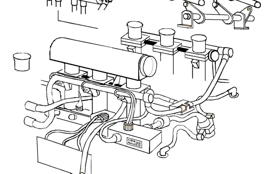 Exhaust manifold, header flange, cylinder head, and gasket laid out for size comparison