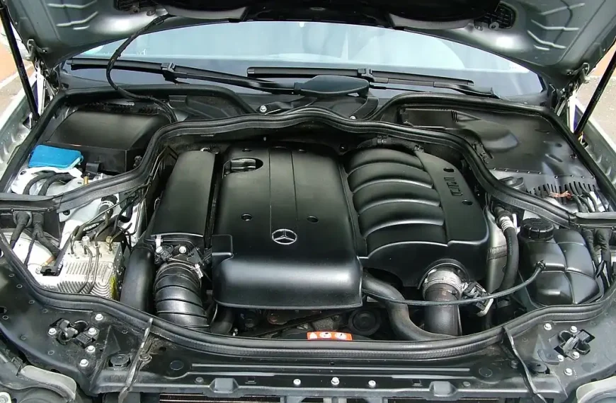 Car engine bay showing exhaust manifold and intake manifold on opposite sides of the engine