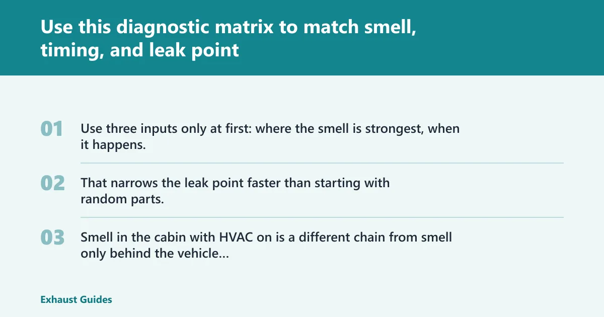 Steps: Use this diagnostic matrix to match smell, timing, and leak point