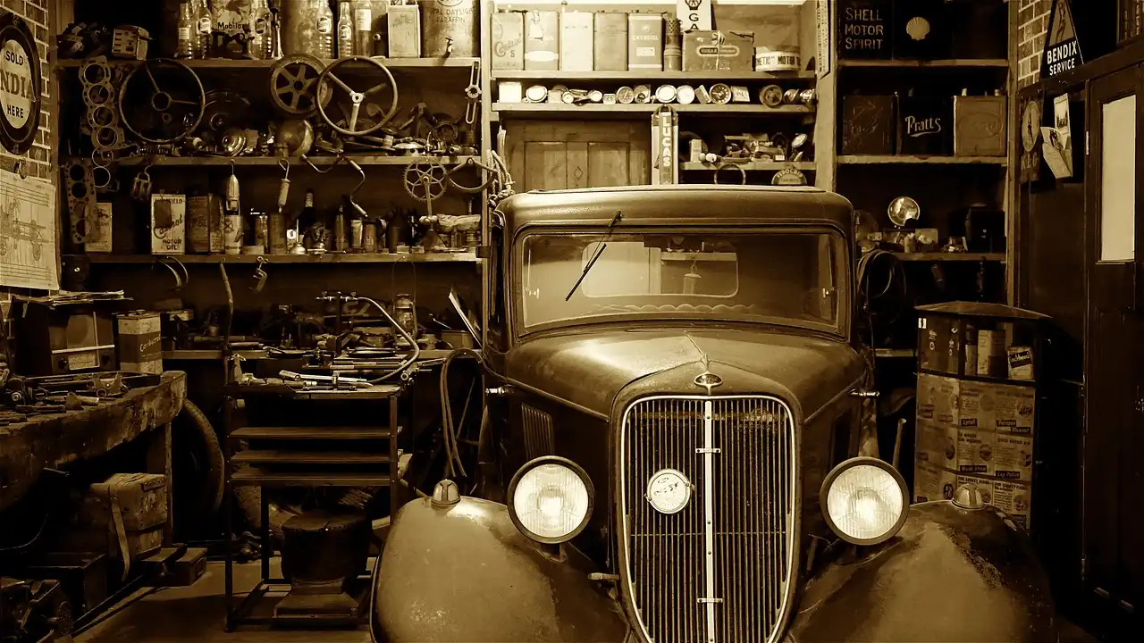 Mechanic inspecting a rusty exhaust pipe under a car on a lift