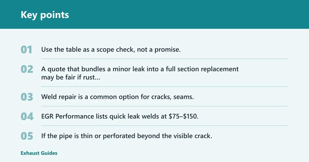Key points: Exhaust repair quote table