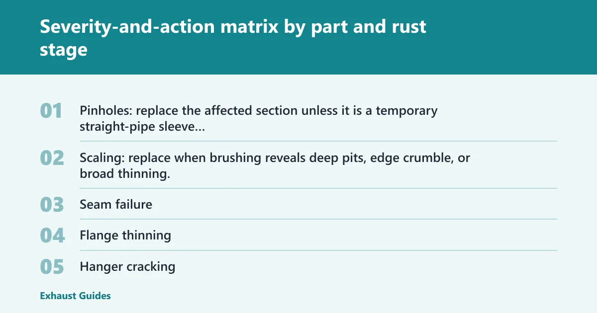 Steps: Severity-and-action matrix by part and rust stage