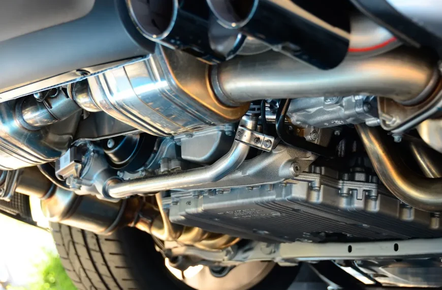 Mechanic inspecting a car exhaust system on a lift with pipes, catalytic converter, and muffler visible.