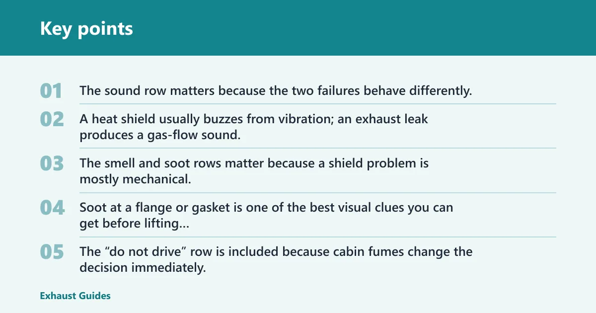 Key points: Heat shield vs exhaust leak triage table