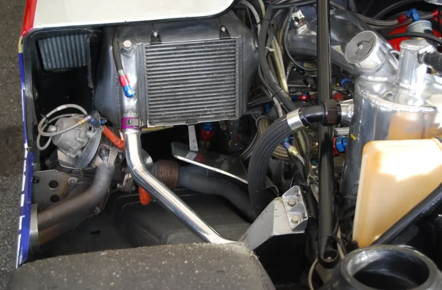 Mechanic inspects heat shields beneath a raised vehicle in a repair bay