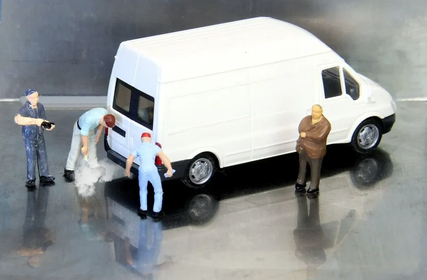 Mechanic inspects a car on a lift with the exhaust system exposed in a repair shop