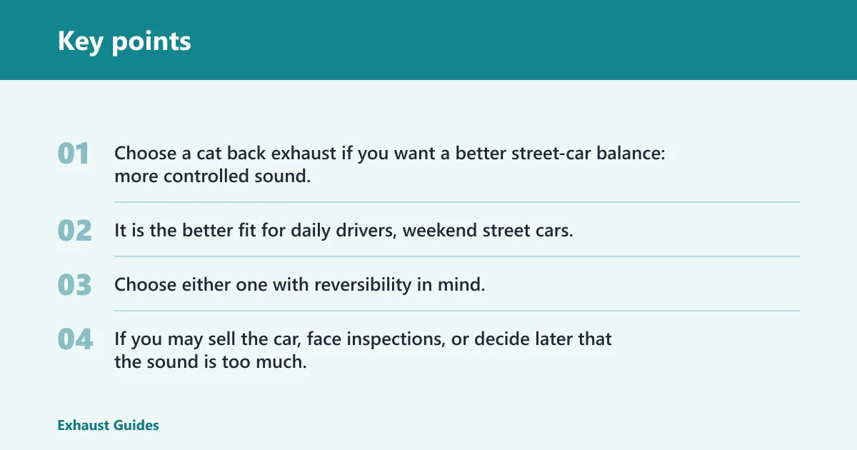 Key points: Choose muffler delete if… / Choose cat back exhaust if…