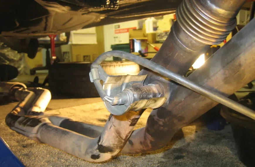 Mechanic and driver inspecting an oxygen sensor area under an open car hood
