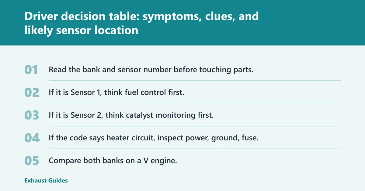 Steps: Driver decision table: symptoms, clues, and likely sensor location