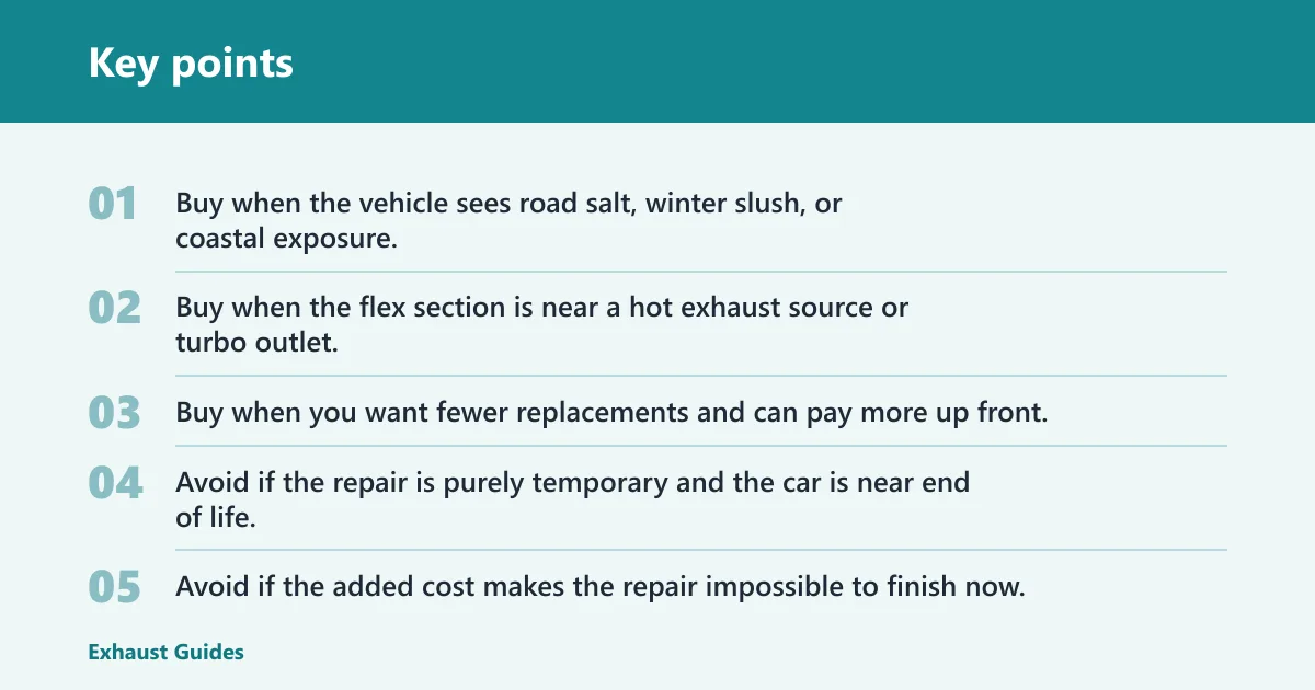 Key points: Choose stainless steel if… / Choose aluminized flex pipes if…