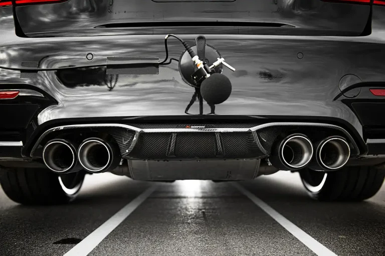 Mechanic and car owner inspecting a sedan's exhaust under the rear bumper in a garage