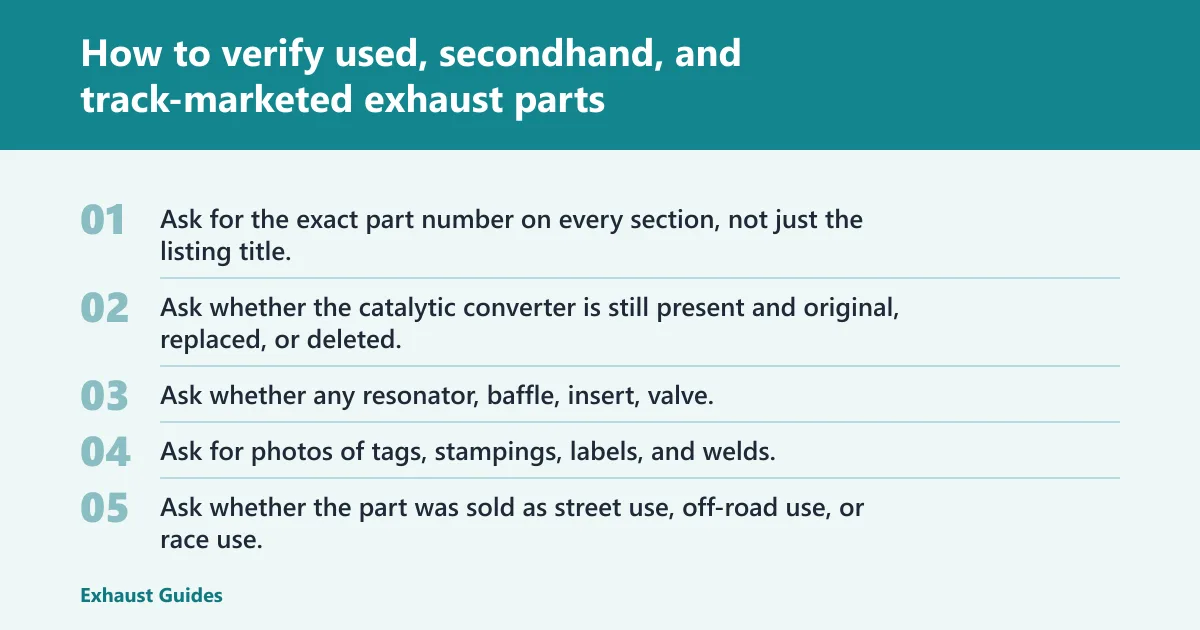 Steps: How to verify used, secondhand, and track-marketed exhaust parts